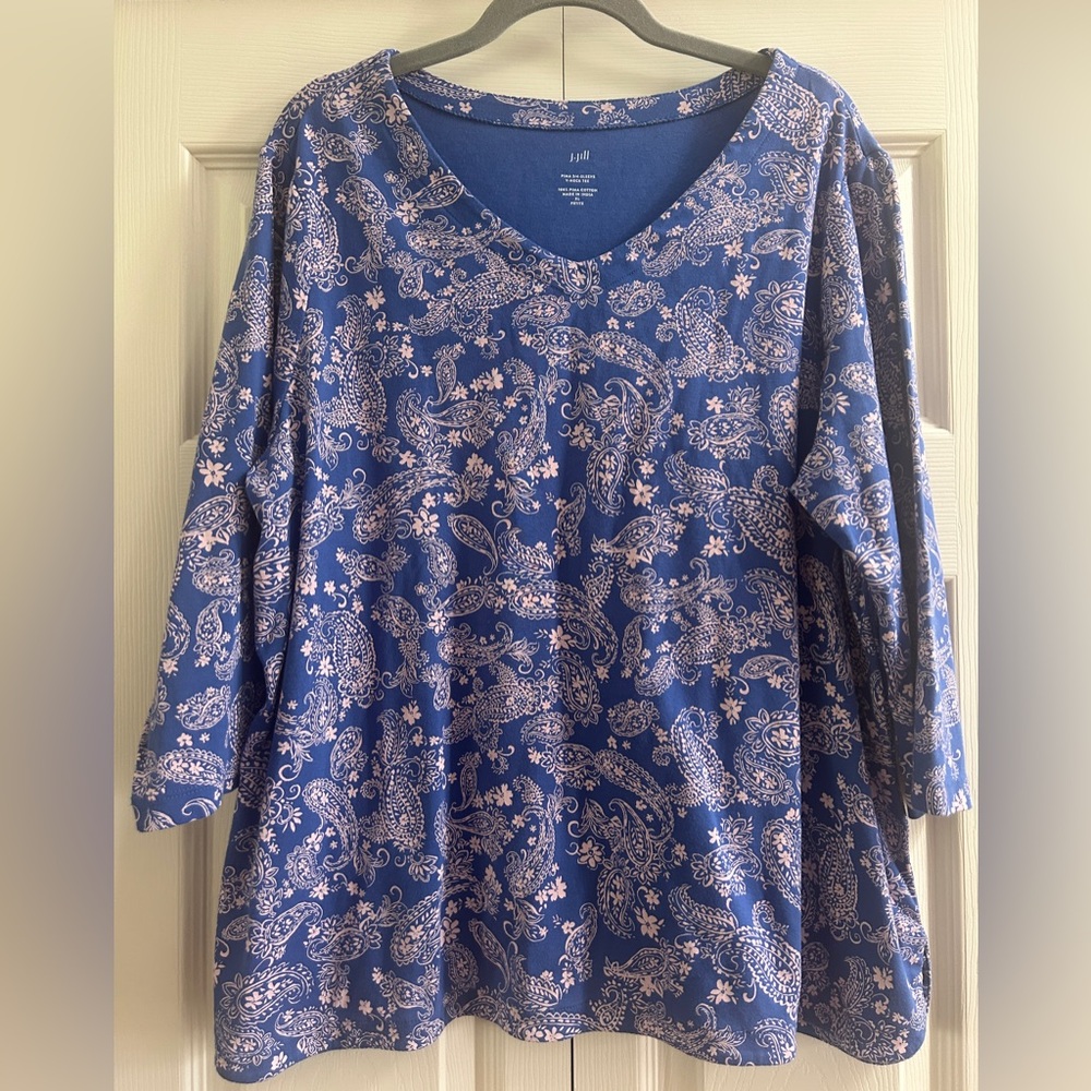 J Jill Shirt Women's Size XL Petite Blue Pink Paisley V Neck 3/4 Sleeves Spring